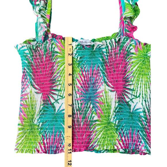 Rose + Olive Smocked Palm Leaf Print Ruffle Strap Tank Top - Size Medium - Picture 7 of 9